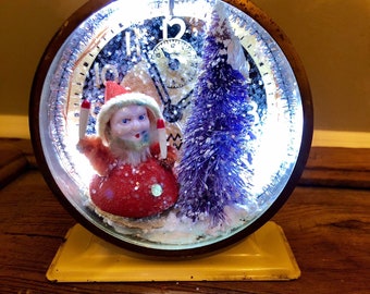 Sweet Little Vintage Elf Christmas Tree in Lighted Alarm Clock Decor