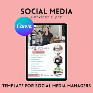 Può includere: Un volantino per i servizi di social media con una foto di una donna che tiene una macchina fotografica. Il volantino è intitolato "Social Media Services Flyer" e include il testo "Lauren Hutchins Media" e "My Services". I servizi elencati includono il marketing dei social media, la creazione di contenuti, la fotografia, la narrazione di storie video, la progettazione di loghi, lo sviluppo web, l'identità del marchio, il marketing promozionale e la consulenza. Il volantino include anche un numero di telefono per il contatto.