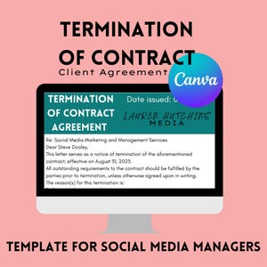Op de afbeelding: Een computerscherm met een sjabloon voor een beëindigingsovereenkomst voor social media managers. Het sjabloon bevat een titel, een uitgiftedatum en ruimte voor de naam van de klant en de reden voor de beëindiging. De tekst luidt "Beëindiging van de overeenkomst" en "Uitgiftedatum: ".