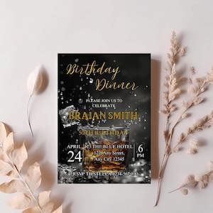 Digital Birthday Dinner Invitation Template, Black Tie Glam Invite, Animated Black Golden Diamond Evite For Men & Women, Self Editable eCard