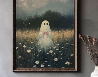 Roze strik humeurige spookmuur kunst Halloween decor, preppy trendy afdrukbare kunst, coquette esthetiek, trendy roze halloween digitale girly prints