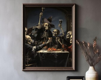 May include: A framed painting of a group of skeletons dressed in 17th century clothing, sitting at a table and drinking wine. The skeletons are wearing hats and have a festive atmosphere. The painting is set against a dark background with a blue sky and a window in the background.