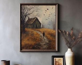 May include: A painting of a lone figure walking down a path towards a weathered, green house in a rural setting. The sky is overcast and a flock of birds flies overhead.