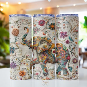Embroidered Elephant 20 oz Skinny Tumbler Sublimation Design Digital Download PNG DIGITAL ONLY, Embroidery Mandala Elephant Tumbler Wrap