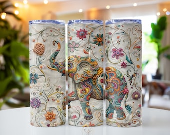 Embroidered Elephant 20 oz Skinny Tumbler Sublimation Design Digital Download PNG DIGITAL ONLY, Embroidery Mandala Elephant Tumbler Wrap