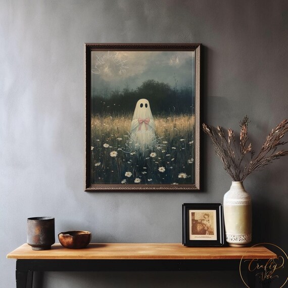 Pink Bow Moody Ghost Wall Art Halloween Decor, Preppy Trendy Printable Art,Coquette Aesthetic, Trendy Pink Halloween Digital Girly Prints