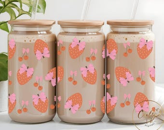 Strawberry Coquette Glass Can Wrap, 16oz Glass Can Tumbler Sublimation Design, Coffee Glass Cup,Fall Vibes png, Pink Bow Glass Tumbler Wrap