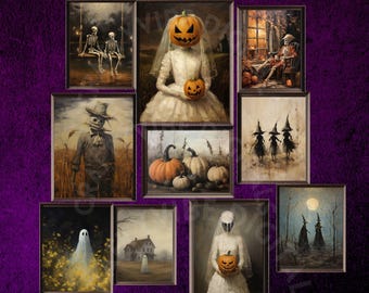 Vintage Halloween Decor Gallery Wall Art Set Of 10 Moody Halloween Art Dark Academia Prints, Spooky Wall Art Prints Bundle Goth Home Decor