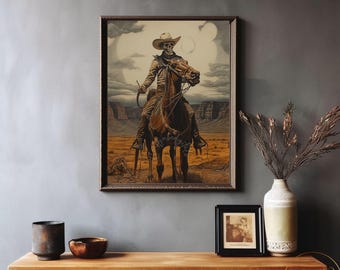 May include: A skeletal cowboy riding a brown horse in a desert landscape. The cowboy is wearing a brown hat and a brown jacket. The horse is wearing a brown saddle. The background is a desert landscape with mountains in the distance.