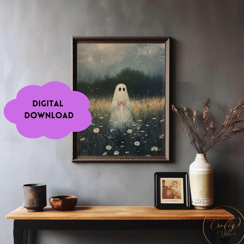 May include: A digital download of a painting featuring a white ghost with a pink bow standing in a field of white flowers. The ghost is in a field with a dark forest in the background.