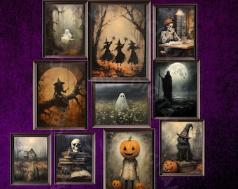 Vintage Halloween Decor Gallery Wall Art Set Of 10 Moody Halloween Art Dark Academia Prints, Spooky Wall Art Prints Bundle Goth Home Decor