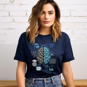 May include: A navy blue t-shirt with a graphic of a stylized brain with circuit board patterns and the text "Big Data".