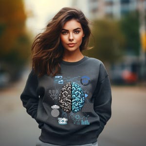 Puede incluir: Una sudadera gris oscuro con un gráfico de un cerebro estilizado con patrones de placa de circuito y las palabras "Big Data".