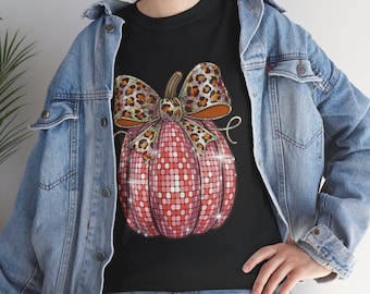 Rosa Glitzer Kürbis-T-Shirt | Leopard Bogen Herbst Shirt | Glitzerndes Halloween-Kürbis-T-Shirt | Niedliches Herbst-Grafik-T-Shirt | Trendige Herbstmode
