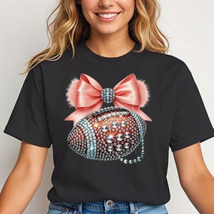 Bling Football T-Shirt | Rhinestone Football and Bow Graphic Tee | Game Day Shirt for Women | Sparkly Sports Fan Shirt | Custom Football Tee