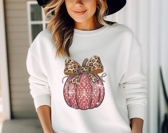 Leopard Schleife Kürbis Sweatshirt | Glitzernder Kürbis Hoodie | Trendy Herbst Halloween Shirt | Süßes Herbst Sweatshirt für Frauen