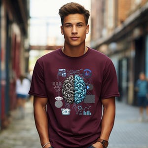 May include: A maroon t-shirt with a graphic of a stylized brain with blue and gray accents. The brain is surrounded by circuit board-like designs and the text "Big Data".