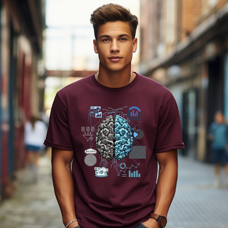 May include: A maroon t-shirt with a graphic of a stylized brain with blue and gray accents. The brain is surrounded by circuit board-like designs and the text "Big Data".