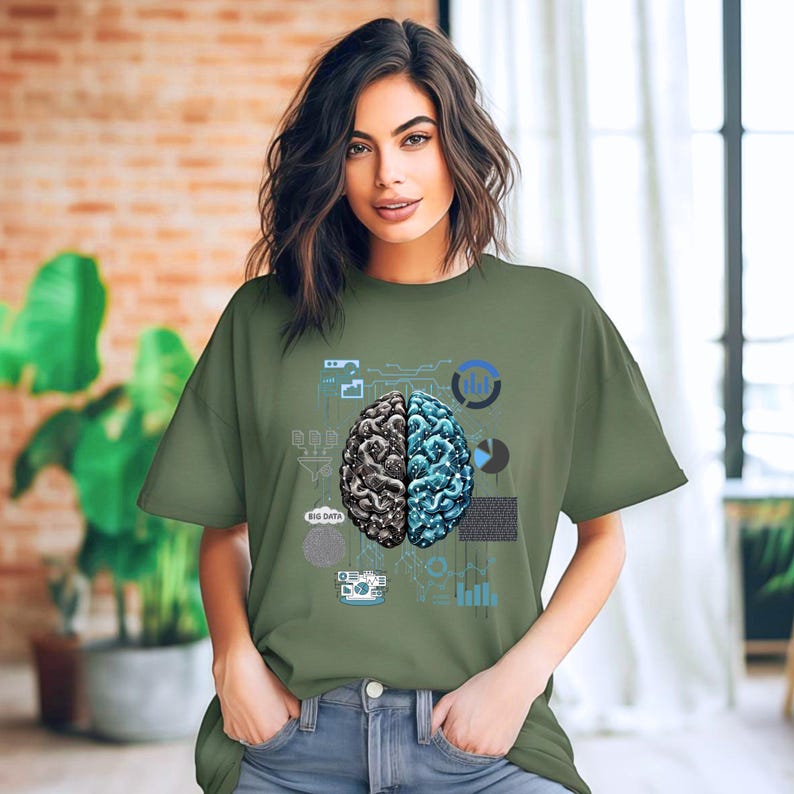 May include: A green t-shirt with a graphic of a brain with a blue and gray design. The brain is surrounded by a blue and gray circuit board design. The text "BIG DATA" is visible on the shirt.