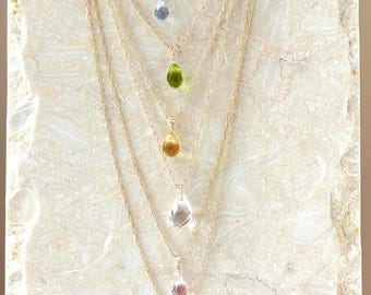 Minimalist Teardrop Quartz Necklace - Birthstone, Handmade Gift for Her, Mother's Day Gift, Clear Quartz, crystal dainty stackable necklace