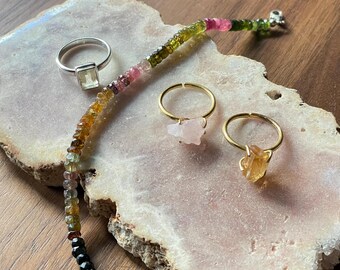 Untreated Libian Dessert Glass - Rose Quartz, Gold Unheated Citrine rings - Watermelon Tourmaline Bracelet - made to order
