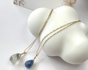 Minimalist Crystal Necklace – Chlorite Quartz or Blue Aventurine on 14k Gold Filled Chain | Dainty Healing Gemstone Necklace for Layering