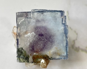 Classic YGX Phantom Fluorites - Purple and Blue Stepped Phantom Fluorites with Wolframite, Mica, Quartz, Calcite, and Chlorite