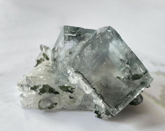 Sparkly Yaogangxian Clear Cubic Fluorite with secondary crystallization - Inclusion of Chlorite, Chalcopyrite, and Quartz - YGX Fluorite