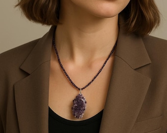 Amethyst Druzy Pendant Necklace – Raw Purple Crystal on Cubic Amethyst Beaded Strand, Statement Healing Necklace for Clarity & Calm
