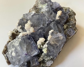 Stunning Yaogangxian Phantom Fluorite with amazing luster - purple & blue edge, stepped crystals with calcite, mica, and chlorite