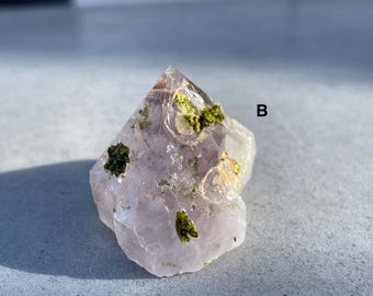 Epidote Gem with Phantom Amethyst | Garden Quartz – Rare Combination of Sparkly Epidote, Pointy Amethyst, Hematite (Similar to Super 7)