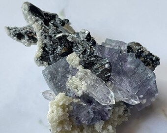YGX Purple Fluorite with Clear Quartz Points, Wolframite, Calcite, and Mica Inclusions - Yaogangxian Mine, Hunan, China