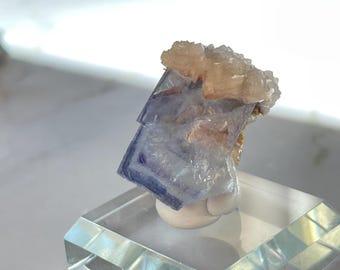 Small Single Cube YGX Purple Edge and Phantom Fluorite with Calcite Layering - Yaogangxian Mine, China