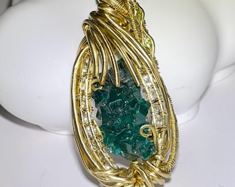 Raw Dioptase Crystal Necklace | Wire Wrapped Gemstone Pendant | Brass Wire Artisan Jewelry | Handmade Crystal Necklace | Dioptase Pendant