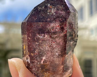 Super 7 Amethyst (Shangaan Amethyst) – Elestial Amethyst Scepter, Red Hematite, Quartz, and Smoky Quartz - Chibuku Mine, Zimbabwe - I, J, K