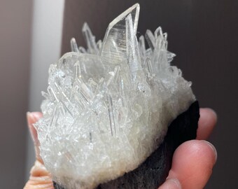 Rare XL Dainty Japan Law Twin Clear Quartz Cluster on UV-reactive Matrix (possibly calcite) | an old collection - from Casapalca Mine, Peru
