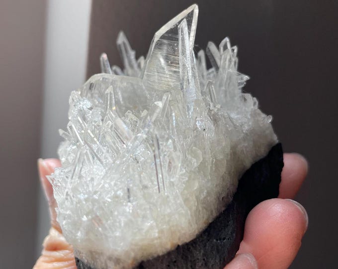 Featured listing image: Rare XL Dainty Japan Law Twin Clear Quartz Cluster on UV-reactive Matrix (possibly calcite) | an old collection - from Casapalca Mine, Peru