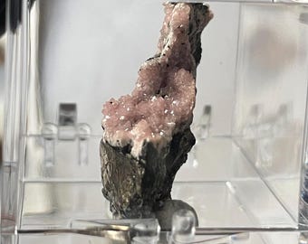 Rare Pink Gemmy Rhodochrosite Crystal Specimen on Top of Goethite or Galena Matrix, Raw Rhodochrosite, Potosi Mine, Santa Eulalia, Mexico