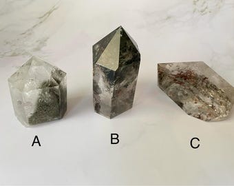 Garden Quartz Towers from Brazil – Planetary Chlorite Inclusion, looks like a mini mountain, nebula or ocean waves in clear crystal towers