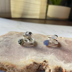 Moldavite Herkimer Diamond Ring: Tektite 925 Silver Ring, Size 6