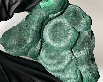 Velvet Large Malachite with Big Mushroom-like Cluster, Banded Layers of Green Fibers, Raw Malachite Crystal, Crystal Healing, Green Chakra
