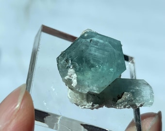 Aquamarine and hyalite opal from the Erongo Mountains in Namibia - Rainbow inclusion, a nice terminated Aquamarine