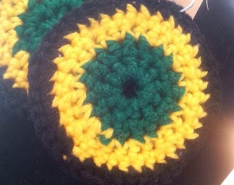 Crochet Hoops  - Rasta Hoops - Jamaica Inspired - Yellow  Black and Green Hoops - Crochet Earrings - Yarn Earrings - Rasta Earrings - Boho