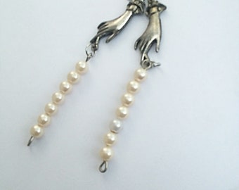 Pearl Dangle Earrings with Silver  Hand charm, long pearl earrings, charm earrings, unique earrings