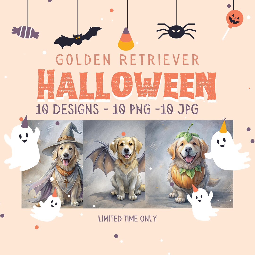 Golden Retriever Halloween Clipart Witch Skeleton Pumpkin Dog Art DIY ...