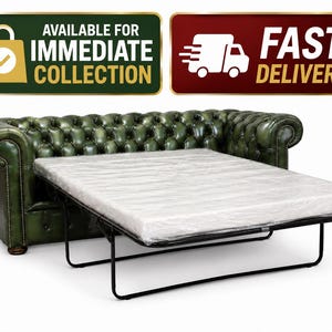 May include: A dark green leather sofa with a tufted back and rolled arms, featuring a pull-out bed mechanism with a white mattress wrapped in clear plastic. Two rectangular signs above read AVAILABLE FOR IMMEDIATE COLLECTION and FAST DELIVERY.