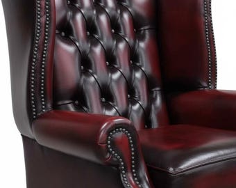 Reading Chair Chesterfield High Back Queen Anne Real Leather