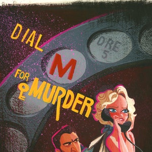 Peut inclure: Illustration d'une scène de téléphone vintage avec le texte "DIAL M FOR MURDER". Une femme en robe jaune est au téléphone, tandis qu'un homme en manteau bleu se tient derrière elle. Un téléphone noir et des ciseaux sont sur le bureau.