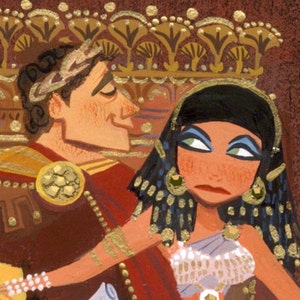 Peut inclure: Une peinture représentant un couple dans un décor théâtral. La femme porte une robe violette avec des garnitures dorées et un voile blanc. L'homme porte une tunique brune et une couronne dorée. L'arrière-plan est un rideau rouge.