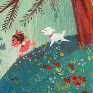 Peut inclure: Une peinture représentant une fille en robe rouge et un chien blanc marchant sur une colline verte parsemée de fleurs rouges. En arrière-plan, on aperçoit une chaîne de montagnes avec une petite maison dans la vallée.